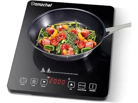 Placa Inducción Portátil AMZCHEF 2000W: Delgada, Potente, Temporizador 3h - Negro