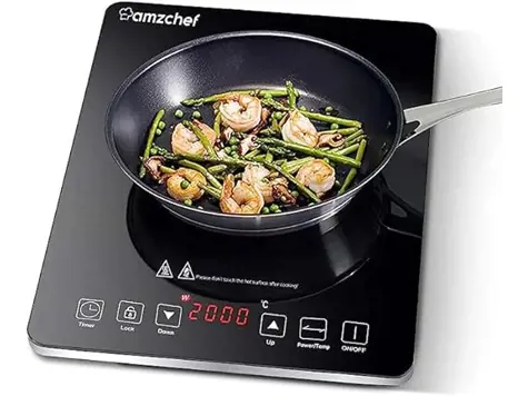 Placa Inducción AMZCHEF Ultrafina 2000W, 10 Temp, 10 Pot, Temporizador 3h